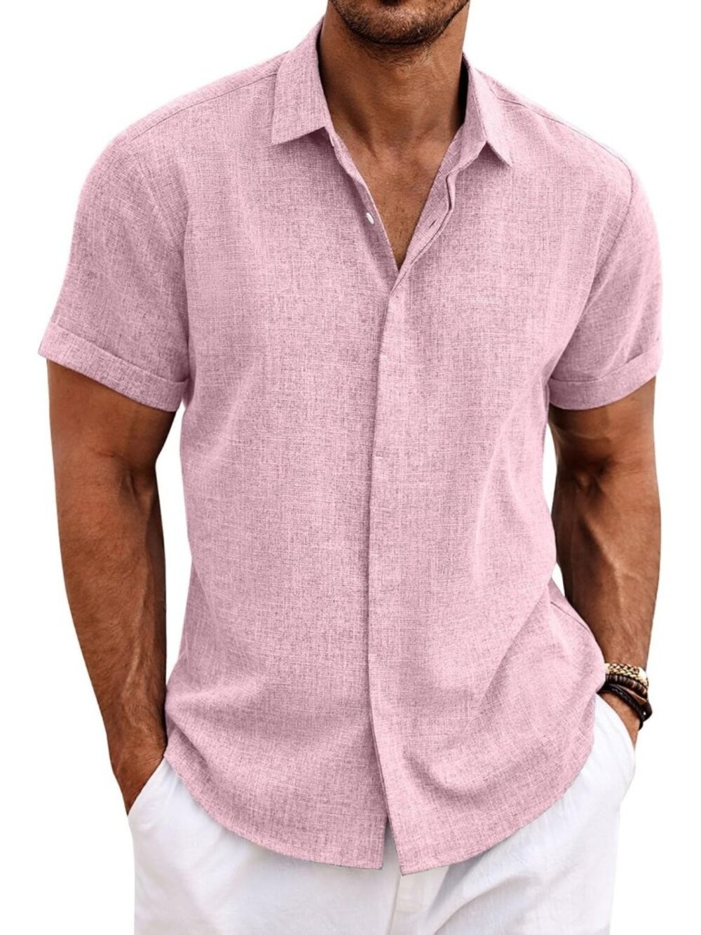 Men's Pink Classic Beach Linen Short Sleeve Casual Imported Shirt